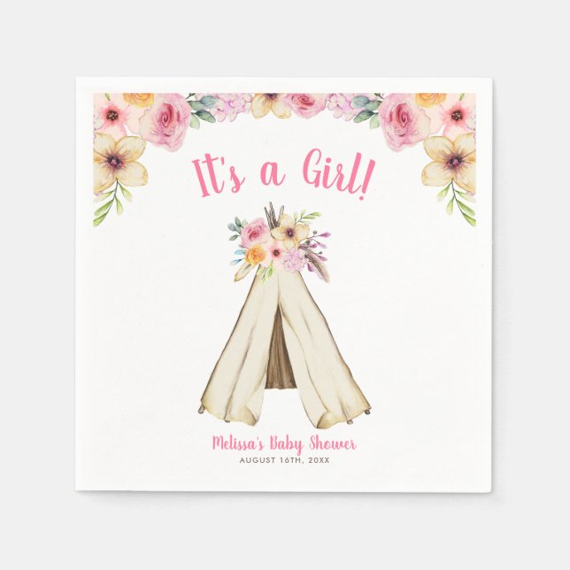 Boho Floral Tribal Teepee Girl Baby Shower Napkins (Front)