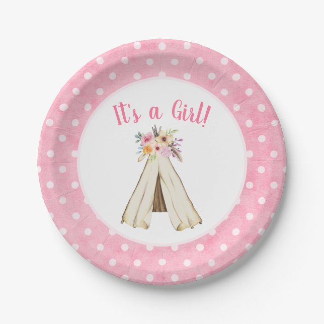 Boho Floral Tribal Teepee Girl Baby Shower Paper Plates (Front)