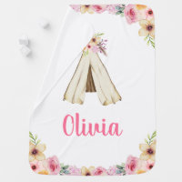 Boho Floral Tribal Teepee Personalized Girl Baby Blanket