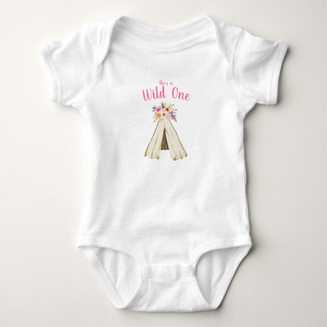 Boho Floral Tribal Teepee Wild One 1st Birthday Baby Bodysuit (Front)