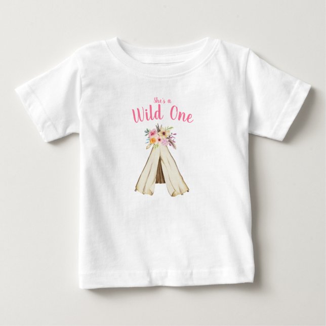 Boho Floral Tribal Teepee Wild One 1st Birthday Baby T-Shirt (Front)