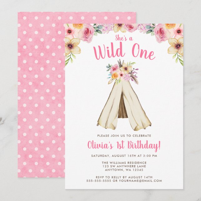 Boho Floral Tribal Teepee Wild One 1st Birthday Invitation (Front/Back)