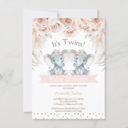 Boho Floral Twin Elephant Baby Shower Invitation