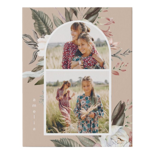 Boho Floral Two Photo and Name Faux Canvas Print (Front)