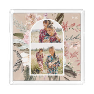 Boho Floral Two Photo with Monogram Acrylic Tray