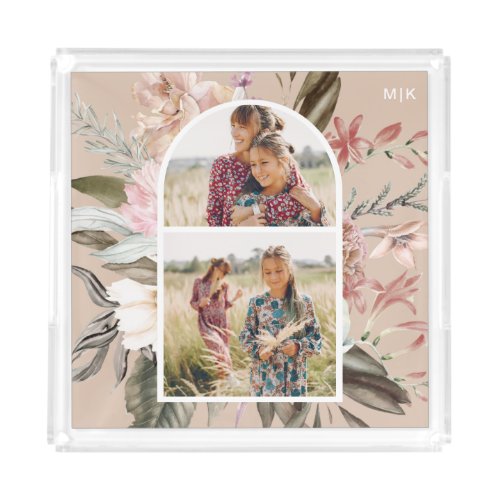 Boho Floral Two Photo with Monogram Acrylic Tray
