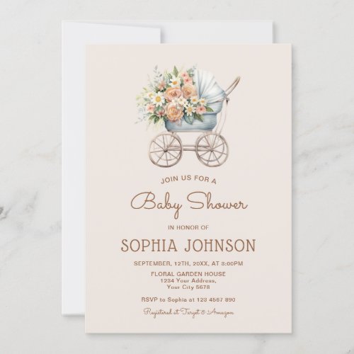 Boho Floral Vintage Baby Carriage Baby Shower Invitation