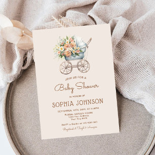 Boho Floral Vintage Baby Carriage Baby Shower Invitation