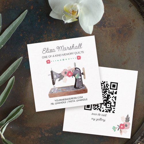 Boho Floral Vintage Sewing Machine and QR Code Square Business Card