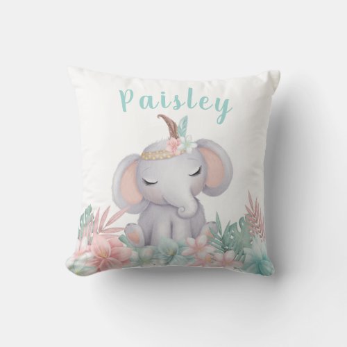Boho Floral Watercolor Baby Safari Elephant Pillow