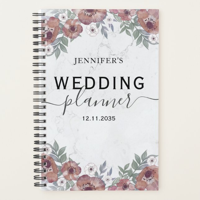 Boho Floral Watercolor Burgundy Wedding  Planner (Front)