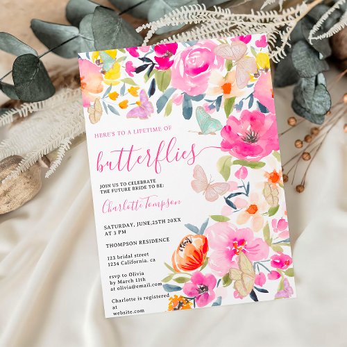 Boho floral watercolor butterflies bridal shower invitation