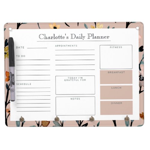 Boho Floral Watercolor Custom Daily Planner Dry Erase Board With Keychain Holder