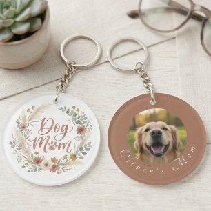Boho Floral Watercolor Dog Mom Photo Keychain
