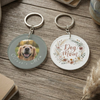 Boho Floral Watercolor Dog Mom Photo Keychain