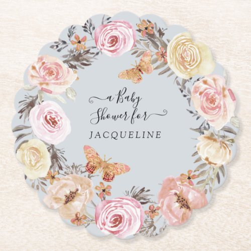 Boho Floral Watercolor Dusty Blue Pink Baby Shower Paper Coaster