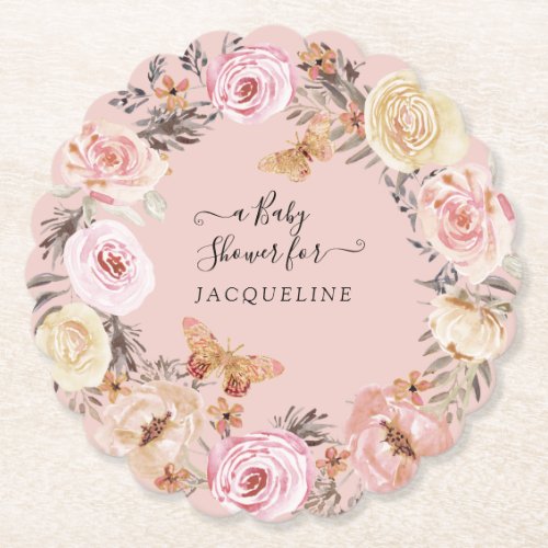 Boho Floral Watercolor Dusty Pink Baby Girl Shower Paper Coaster