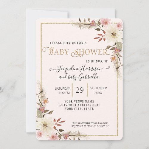 BOHO Floral Watercolor Elegant Baby Shower Photo Invitation