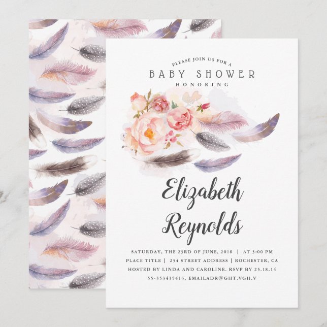 Boho Floral Watercolor Feathers Baby Shower Invitation (Front/Back)