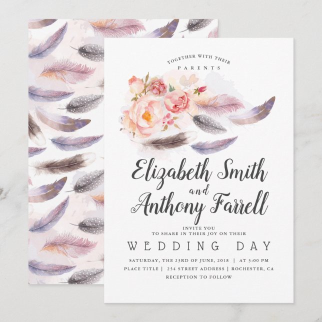 Boho Floral Watercolor Feathers Wedding Invitation (Front/Back)