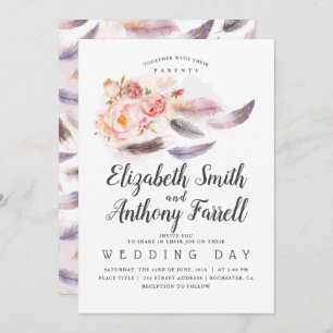 Boho Floral Watercolor Feathers Wedding Invitation