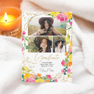 Boho Floral Watercolor Gold 3-Photo Graduation Announcement