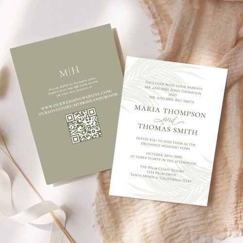 Boho Floral Watercolor Green Palm Leaves QR Code  Invitation