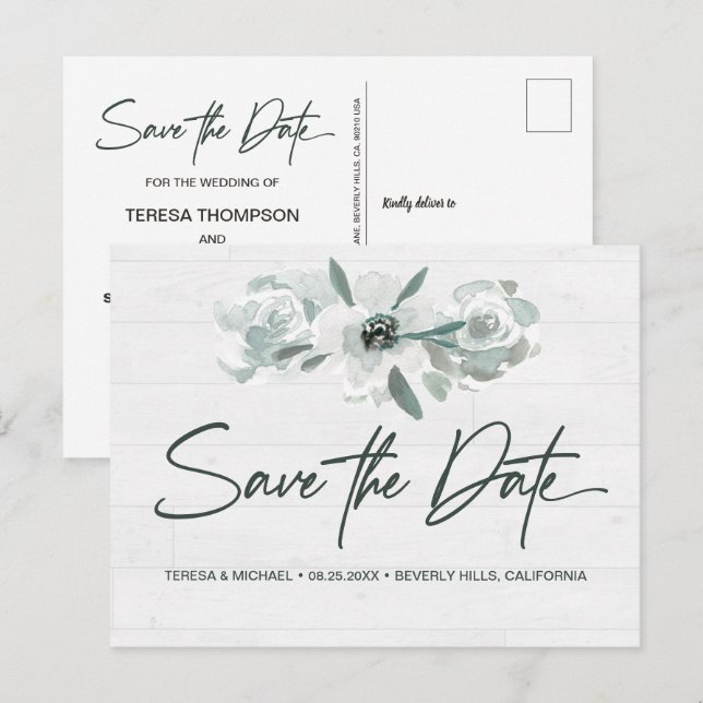 Boho Floral Watercolor Modern Save the date Script Announcement Postcard (Front/Back)