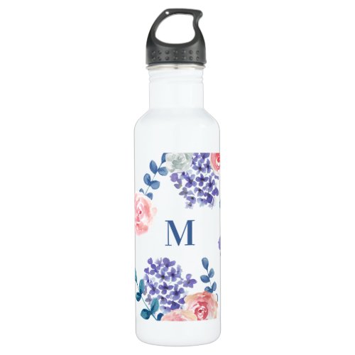 Boho floral watercolor monogram custom stainless steel water bottle