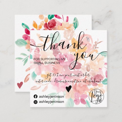Boho floral watercolor order thank you square business card