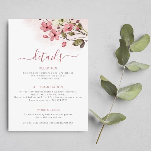 Boho floral watercolor pink blush wedding details  enclosure card