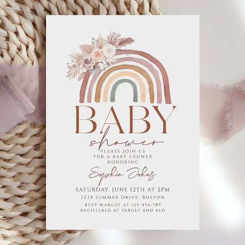  Boho Floral Watercolor Rainbow Baby Shower Invitation