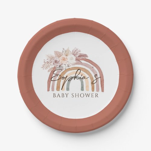 Boho Floral Watercolor Rainbow Baby Shower Paper Plates