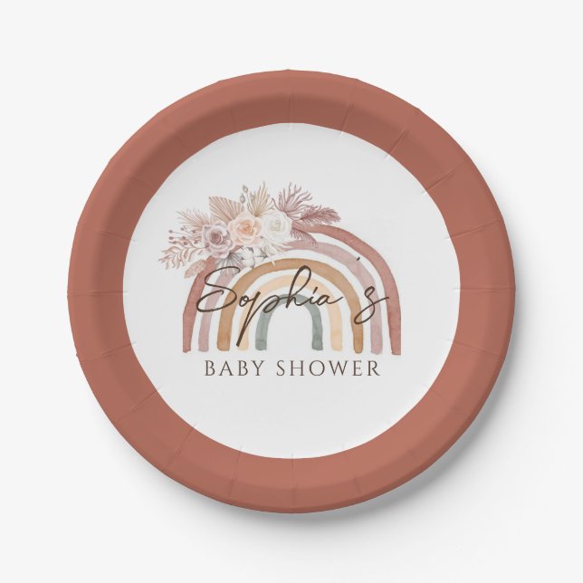 Boho Floral Watercolor Rainbow Baby Shower Paper Plates (Front)