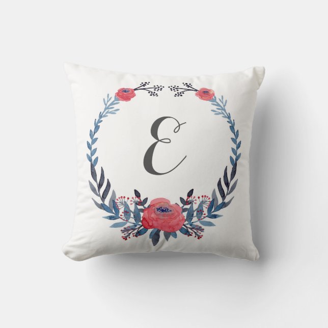 Boho Floral Watercolor Red Roses | Monogram Throw Pillow (Front)