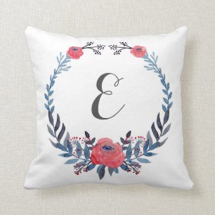 Boho Floral Watercolor Red Roses   Monogram Throw Pillow