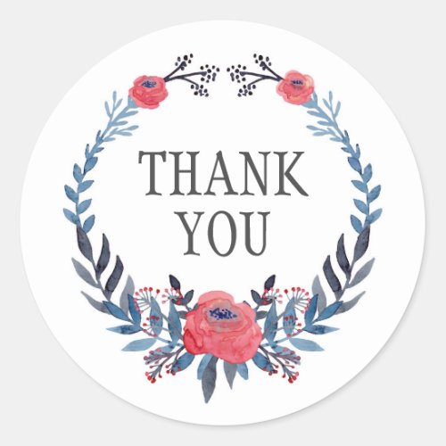 Boho Floral Watercolor Red Roses  Thank You Classic Round Sticker