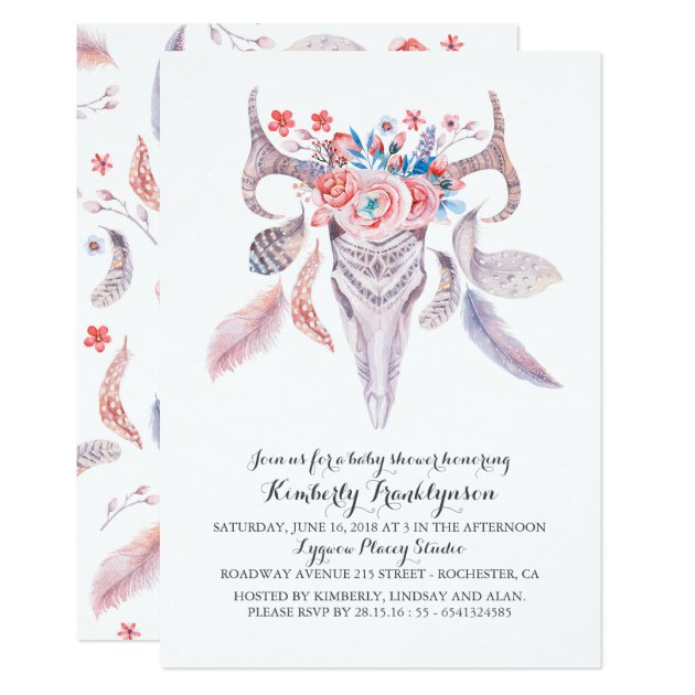 Boho Floral Watercolor Skull Baby Shower Invitation