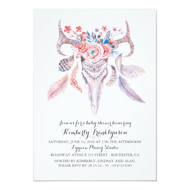 Boho Floral Watercolor Skull Baby Shower Invitation