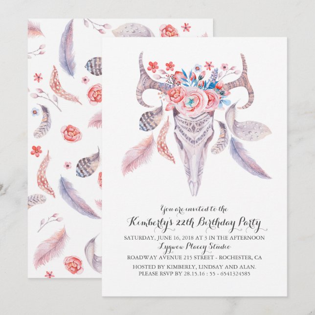 Boho Floral Watercolor Skull Birthday Party Invitation (Front/Back)