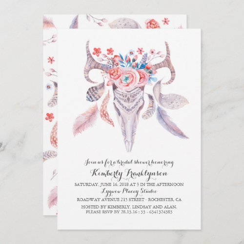 Boho Floral Watercolor Skull Bridal Shower Invitation