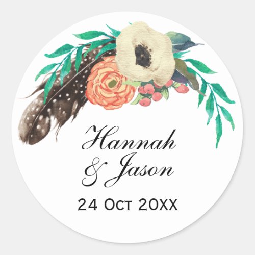 Boho Floral Watercolor Wedding Classic Round Sticker