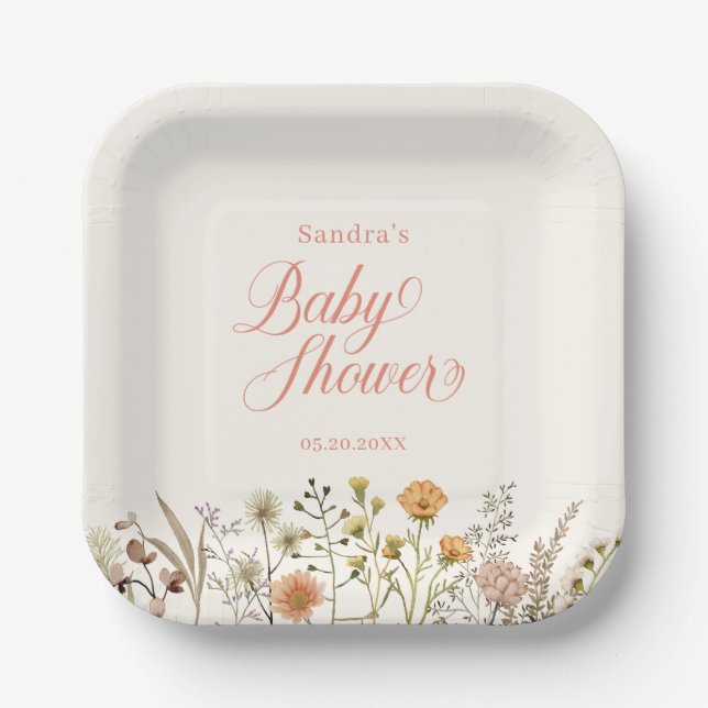 Boho Floral Watercolor Wildflower Baby Shower Paper Plates (Front)