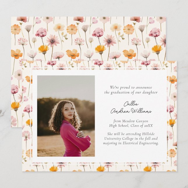 Boho Floral Watercolor Wildflowers Graduation Announcement (Front/Back)