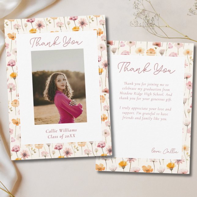 Boho Floral Watercolor Wildflowers Graduation Thank You Card (Wildflower floral thank you card)