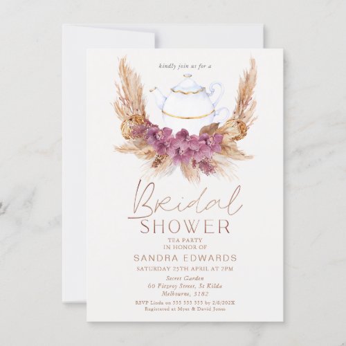 Boho Floral Weath Tea Party Bridal Shower Invitation