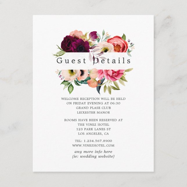 Boho Floral Wedding Guest Details Enclosure Card (Front)