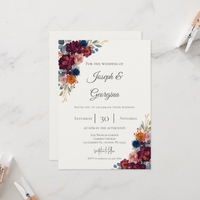 Boho floral wedding invitation (Front/Back In Situ)