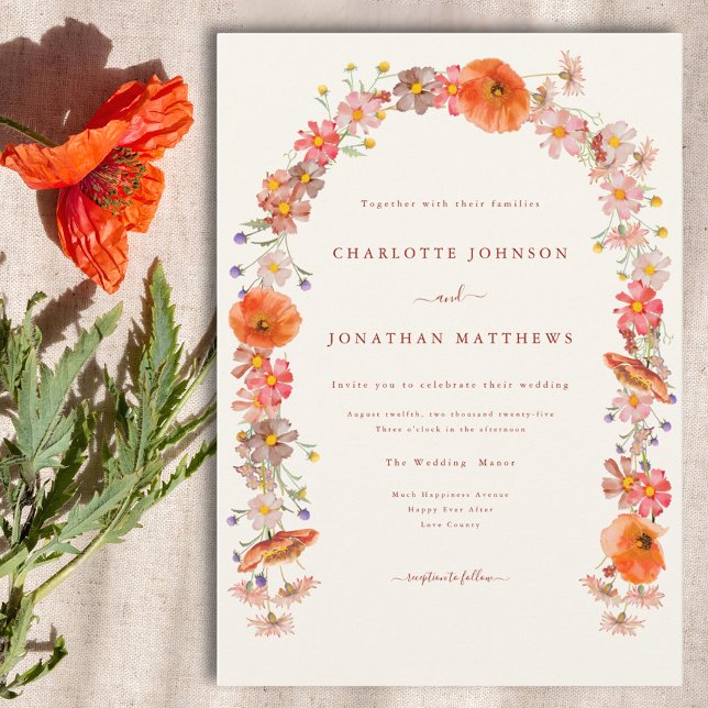 Boho Floral Wedding Invitation (Elegant wildflower boho floral arch wedding invitation )