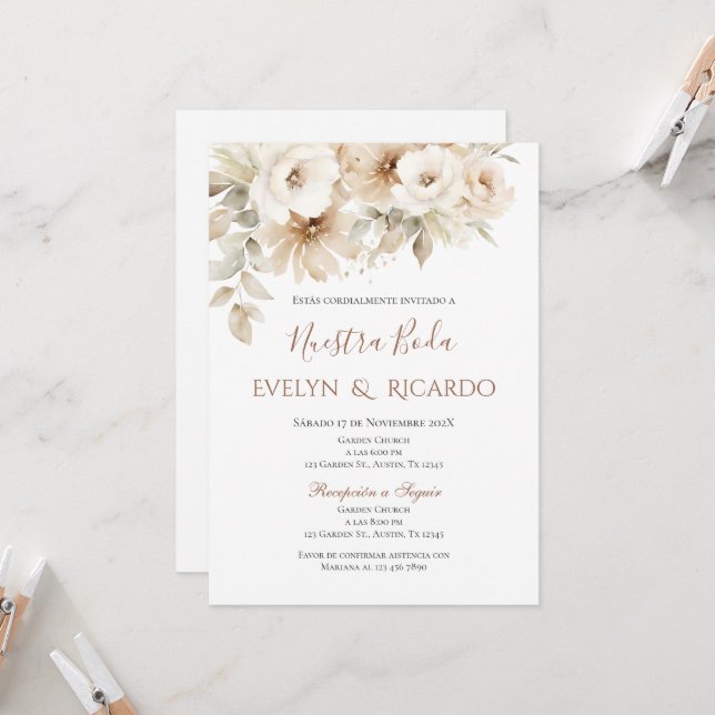 Boho Floral Wedding Invitation in Spanish (Front/Back In Situ)